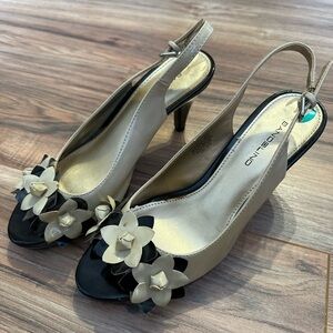 Bandolino Beige and Black Slingback Peep-Toe Heels with Floral Accent size 8